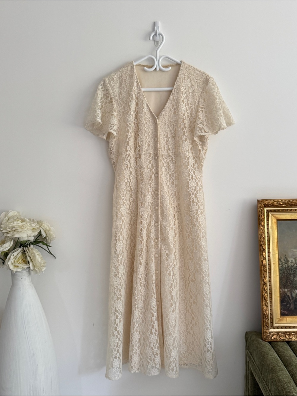 Vintage Cream Lace Midi Dress | Romantic Cottagecore Prairie Dress